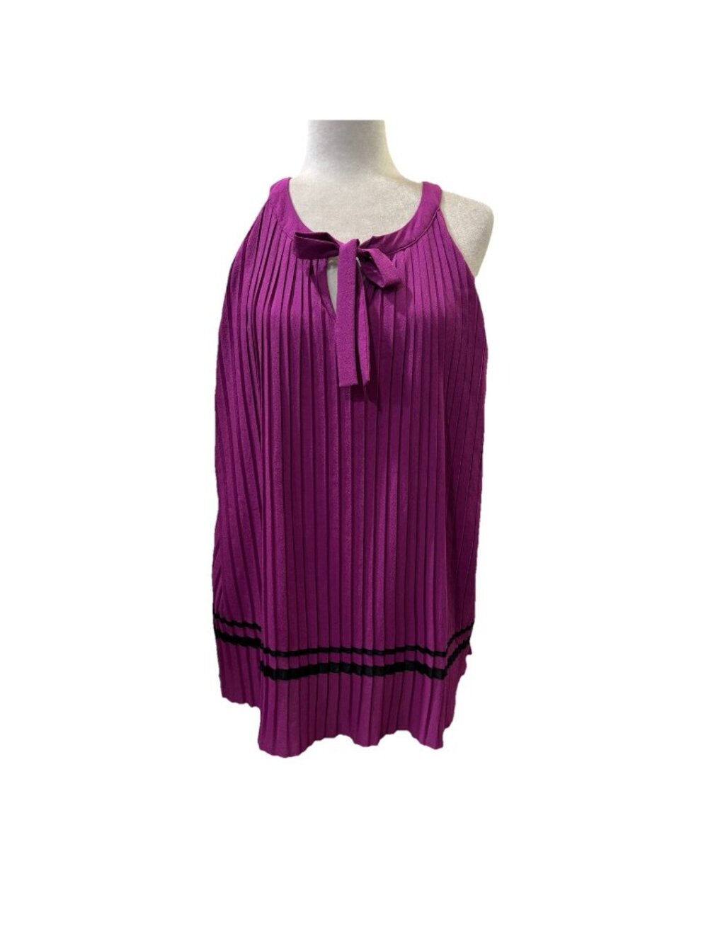 Rosie Pope Pleated Sleeveless Blouse Front Tie Neck Magenta Purple Women Large